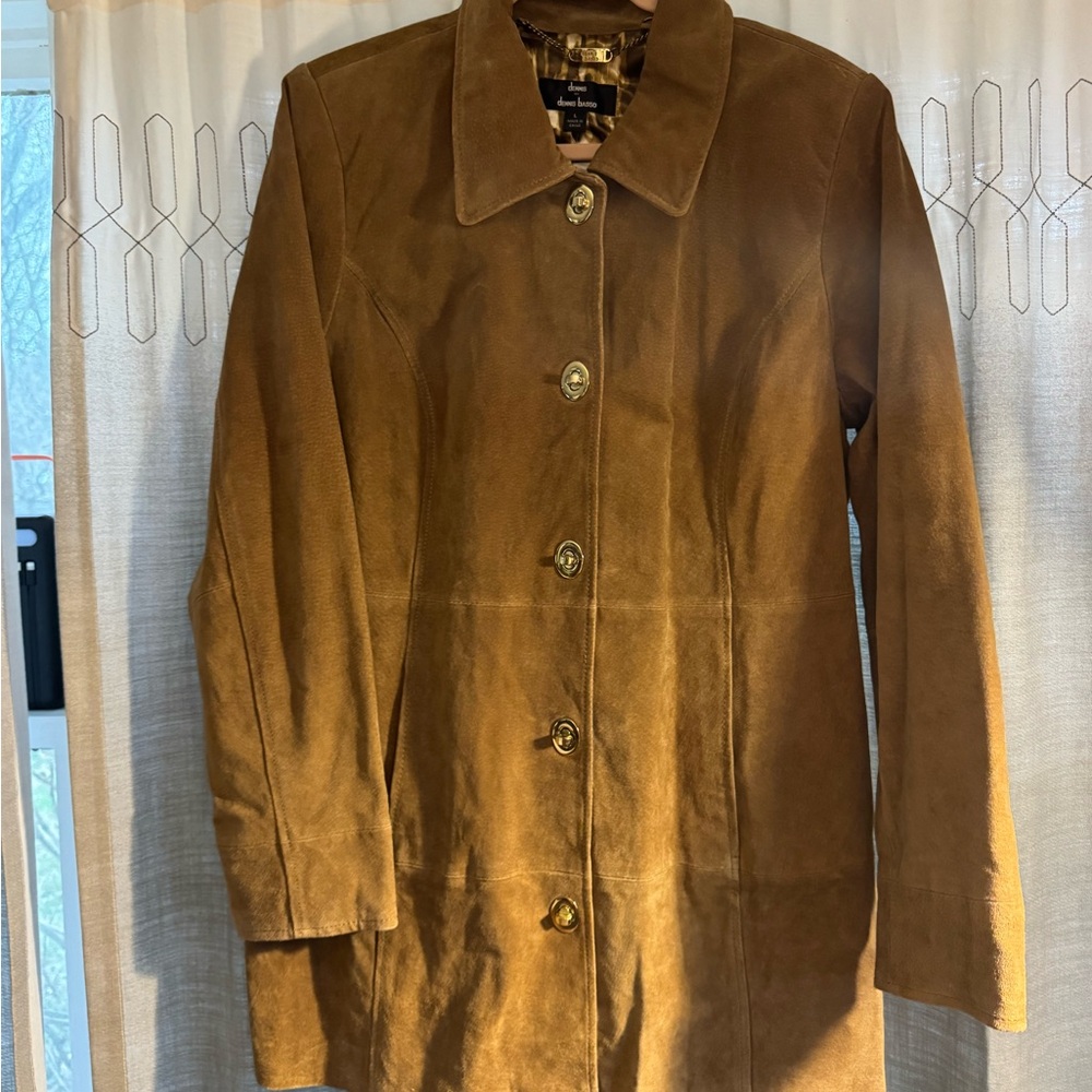 Dennis Basso Gold Tone Tan Suede Mid Length Coat Silk Interior